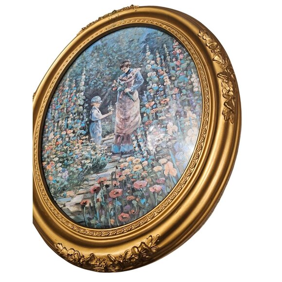 Victorian Style Oval Framed Floral Garden Scene Print With Gold Ornate Frame - Picture 4 of 11